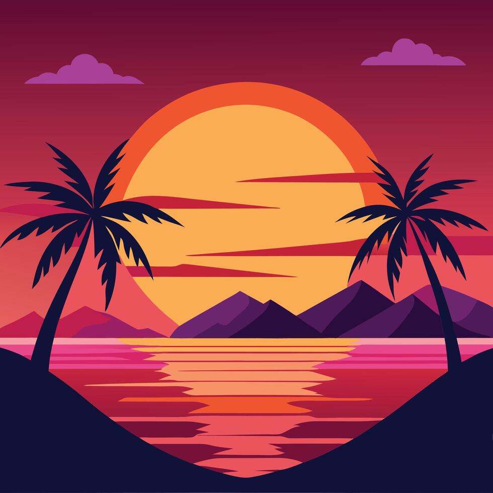 tropical sunset with palm trees and mountains. vector