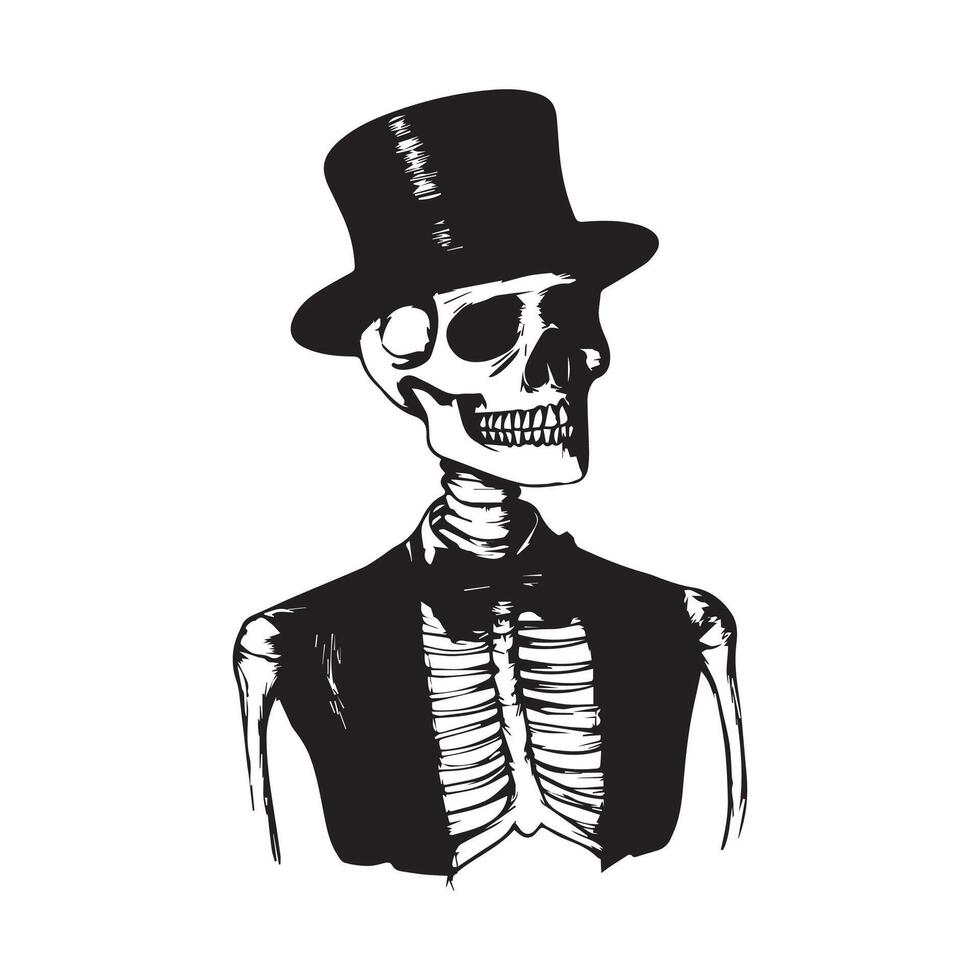 Silhouette Skeletal figure wearing a black top hat and a bow tie,on white background vector