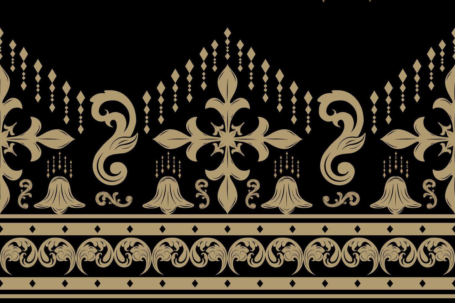 Touch of Opulence and Sophistication Royal Black Gold Ornament Embroidery Seamless Pattern Flower. Fleur de lis Lily and Geometric Art Design. Elegant Border Scroll Elements Luxury Lace Silk Weaves. vector