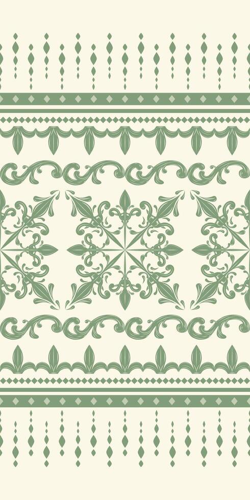 Sense of Luxury and Timeless Elegance Glasshouse Green Jade Color Embroidery on Beige Background Seamless Pattern Lace. Making it perfect for high-end upholstery, drapery, or fashion applications. vector
