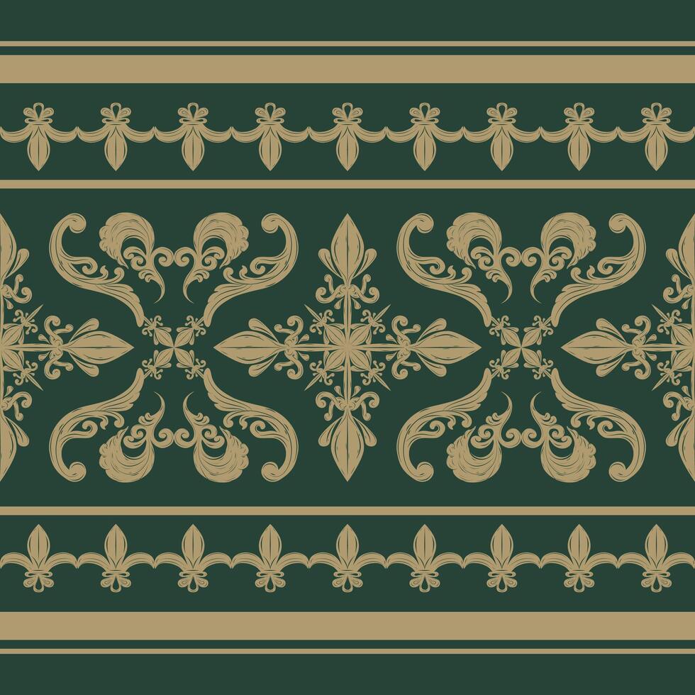 Oriental Heritage of Gold Embroidery Weaves On Dark Green Background. Rich Wealth Opulence design Pattern Seamless. Border Rim Lace Royal Dynasty Design. Apparel Decoration, Rug, Carpet, Hand draw vector