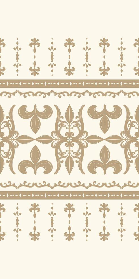 Stylish Gold Embroidery Fleur De lis Hand Weaves On Light Beige Background Seamless Pattern. Royal Sparkle Gold Ornament for Luxury Lace Textile Design. Elegance Louis Border for Decoration, Fabric. vector