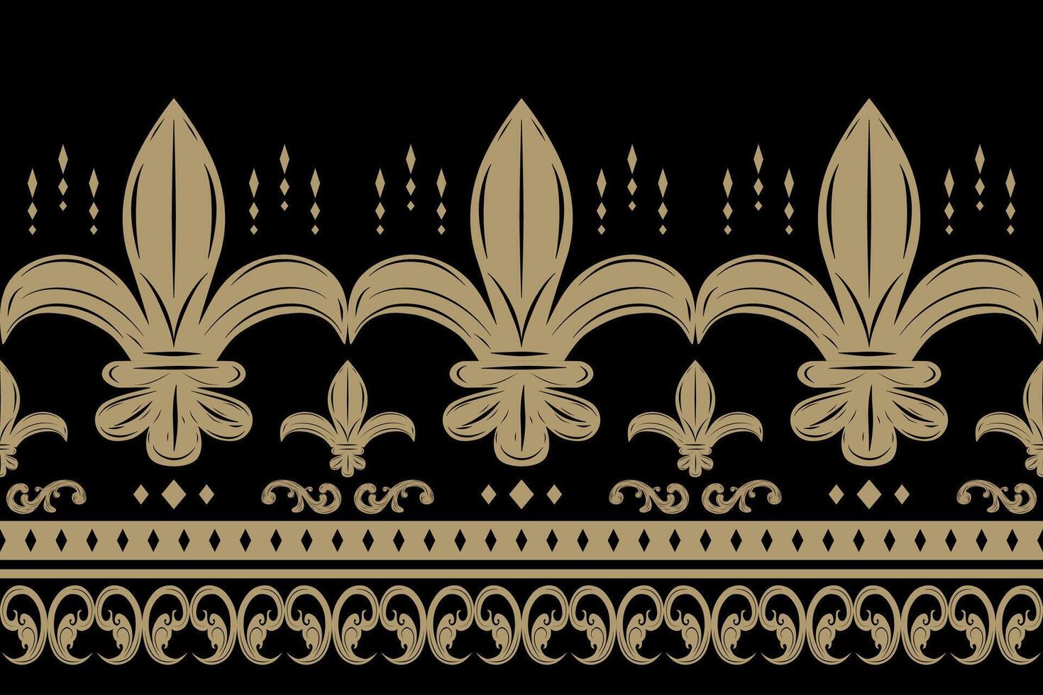 Exotic Black Fleur de lis Design Classy Gold Embroidery Seamless Pattern Lace. Curly Scroll Ornament Border Decorate. Luxurious Mystery Night. Golden Florals Lily in The Dark Noble Victorian Style vector