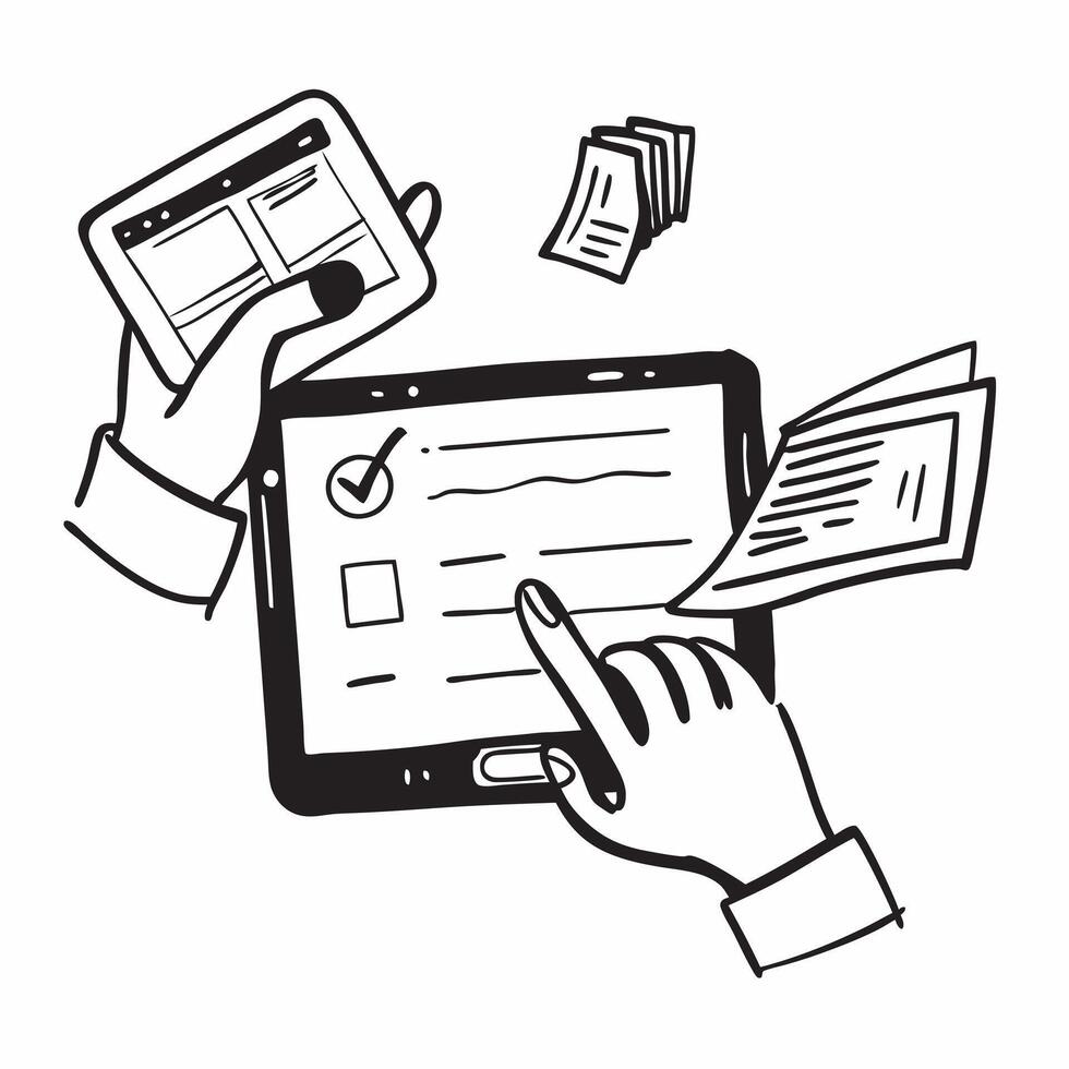 Person Reviewing Financial Transactions on Tablet concept as A person reviewing their financial transactions on a tablet with a plain background providing space for text or graphic Cleans vector
