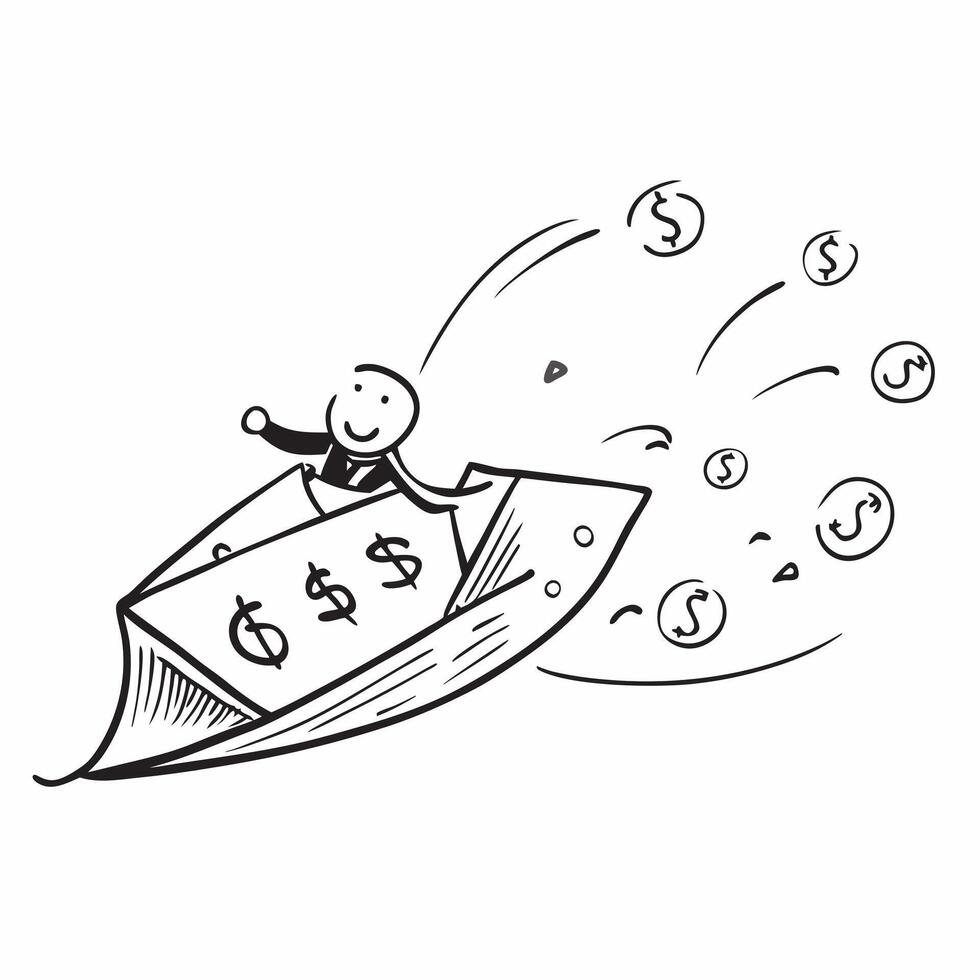 Person Riding on Flying Money concept as A person depicted riding on flying money set against a blank background with ample space for text or design elements symbolizing financial Cleans vector