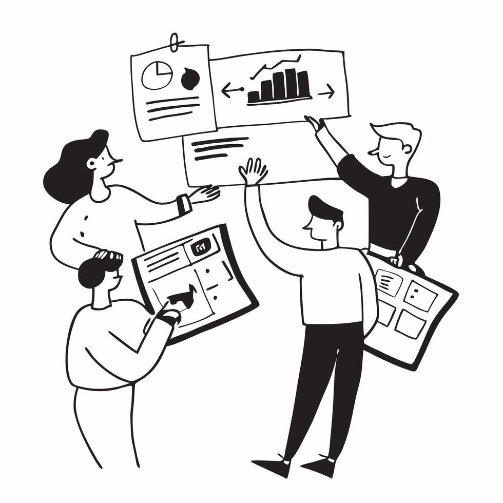 HR team collaborating on employee engagement strategies concept as A illustration of an HR team collaborating on employee engagement strategies using charts and digital tool Cleans Set 2 vector