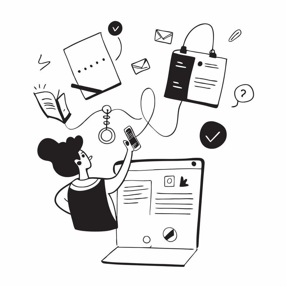 HR Specialist with Forms and Laptop in Whimsical Office concept as Long shot of an HR specialist with forms and a laptop in a whimsical office The background features quirky decor Cleans vector