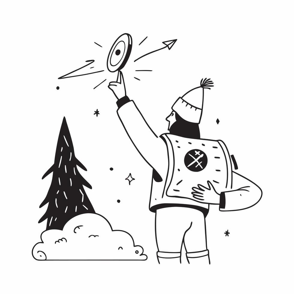 Hiker with Map and Compass in Enchanted Forest concept as Wide shot of a hiker holding a map and compass in an enchanted forest with ample copy space on the left The scene capture Cleans vector