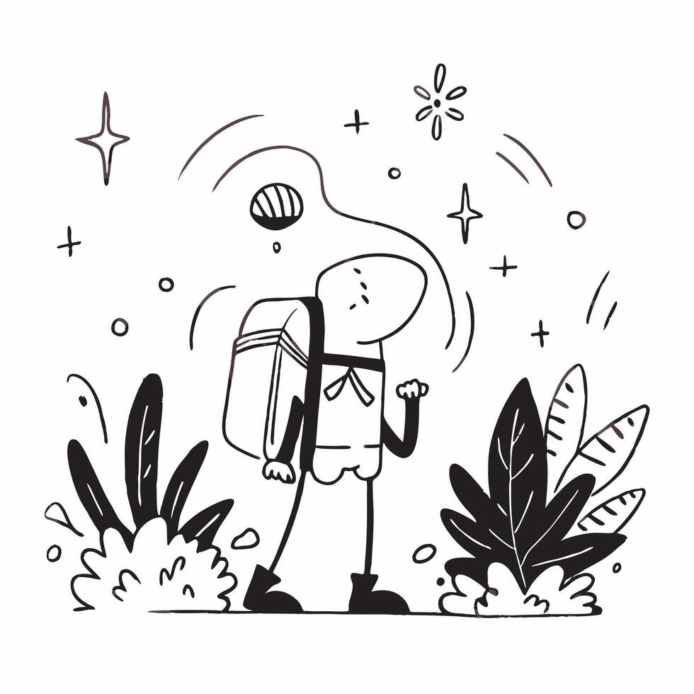 Hiker with Walking Stick and Backpack in Enchanted Forest concept as Long shot of a hiker with a walking stick and backpack in an enchanted forest The scene includes glowing plant Cleans vector
