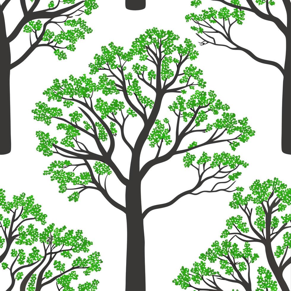 High contrast spring nature seamless pattern with bold tree trunks and vibrant greenery for dynamic spring designs concept as Bold spring nature pattern with strong tree trunks and Cleans vector