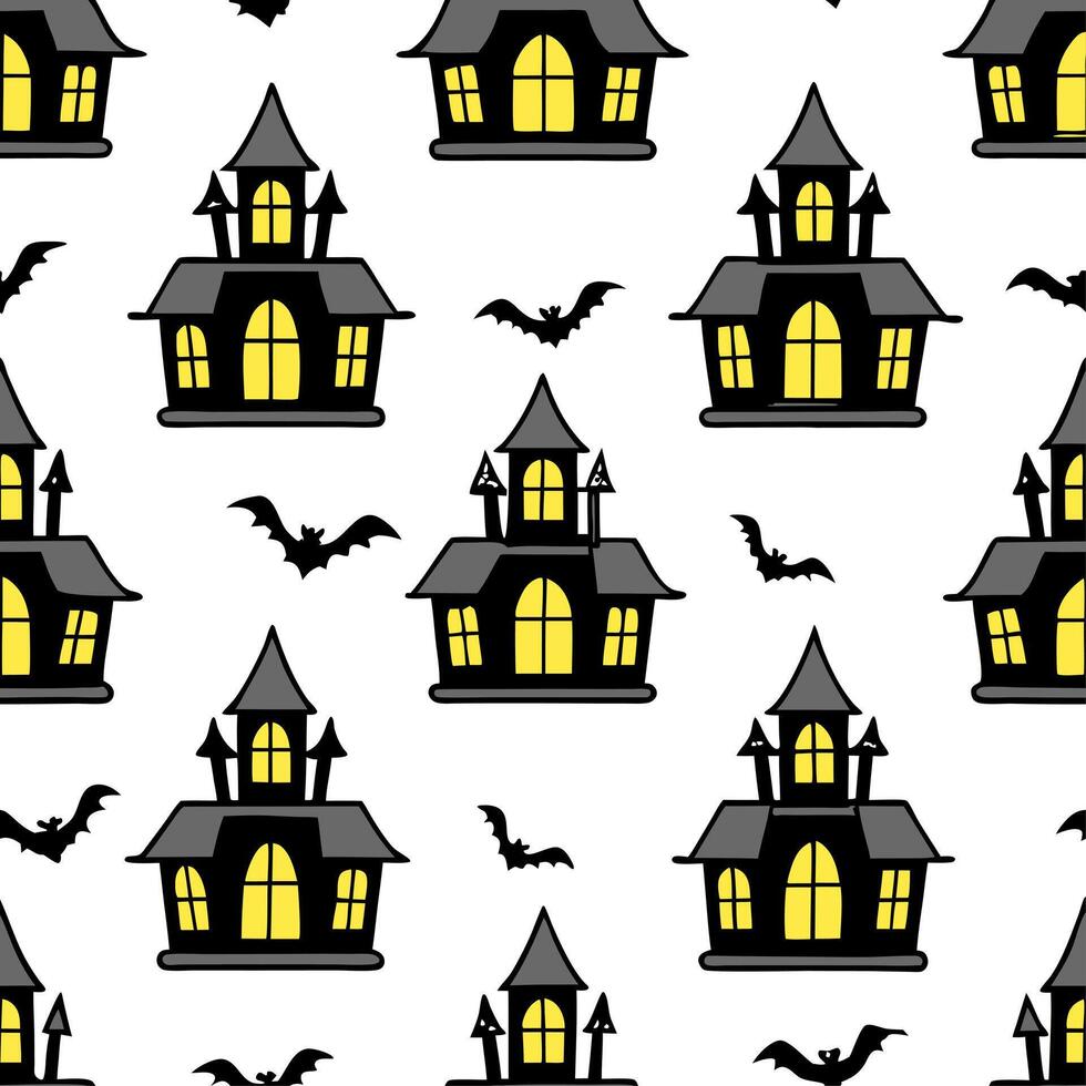 Haunted houses seamless tile pattern with eerie mansions and spooky windows for haunted home decor concept as Eerie haunted mansions and spooky windows arranged seamlessly for haun Cleans vector