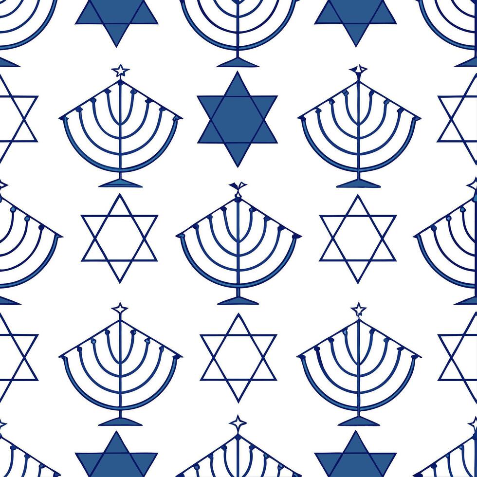 Hanukkah menorahs seamless tile pattern with blue and white colors for Jewish holiday decor concept as Blue and white menorahs arranged seamlessly to create elegant Hanukkah home d Cleans vector