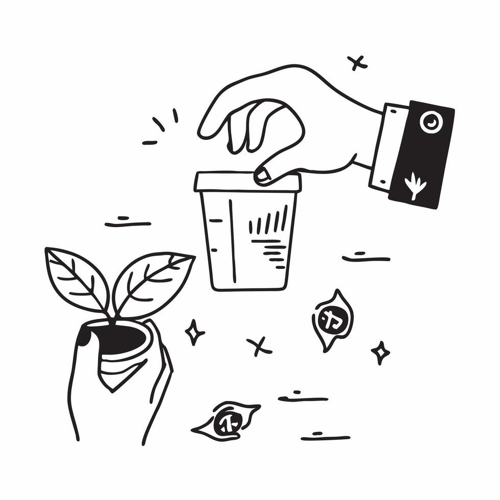 Hand holding a cut leaf with a recycling bin concept as A hand holding a cut leaf with a recycling bin in the background emphasizing waste management and corporate social responsib Cleans vector