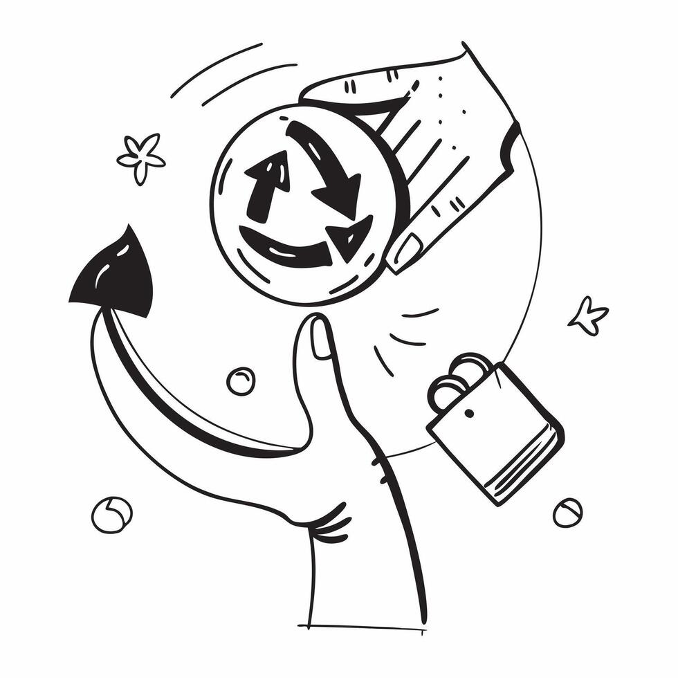 Hand holding a cut leaf near a recycling symbol concept as A hand holding a cut leaf near a recycling symbol promoting recycling and waste management as part of corporate social re Cleans vector