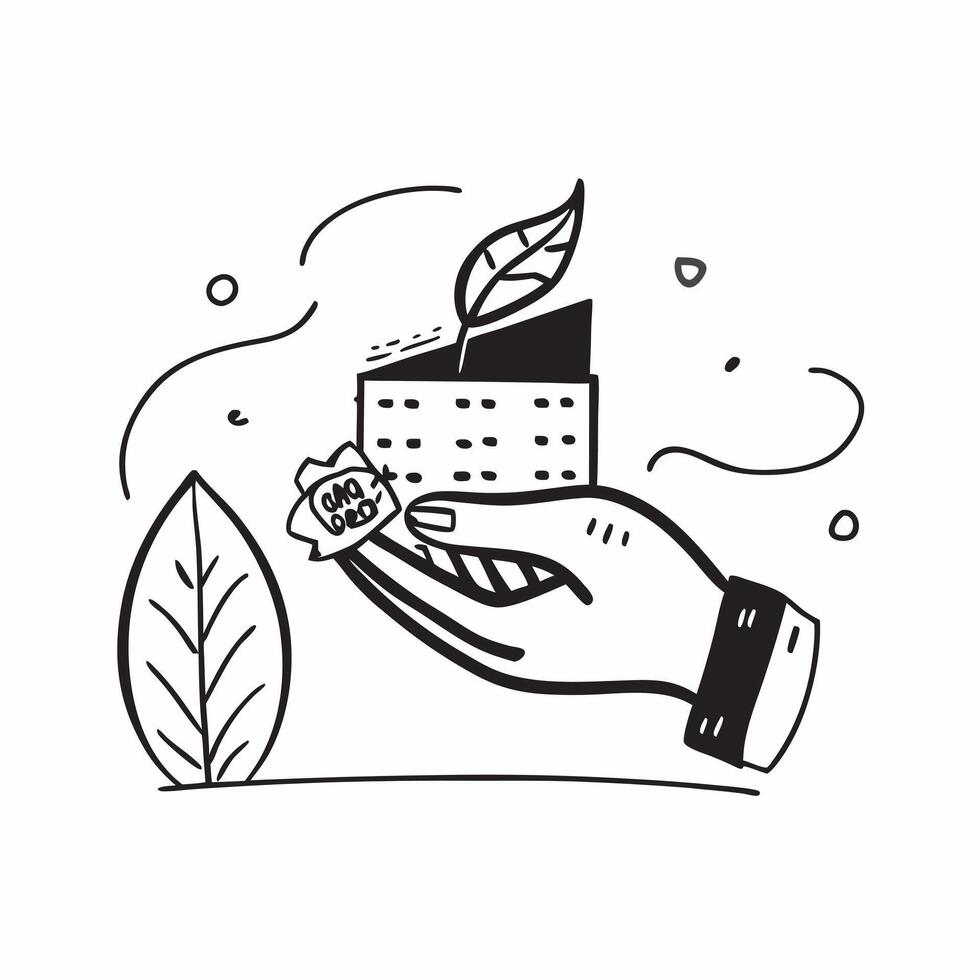 Hand holding a cut leaf in front of a corporate building concept as A hand holding a cut leaf in front of a corporate building emphasizing the integration of sustainability into co Cleans Set 2 vector