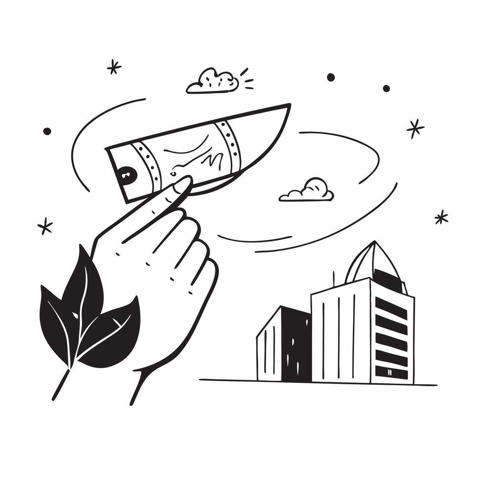 Hand holding a cut leaf in front of a corporate building concept as A hand holding a cut leaf in front of a corporate building emphasizing the integration of sustainability into co Cleans vector