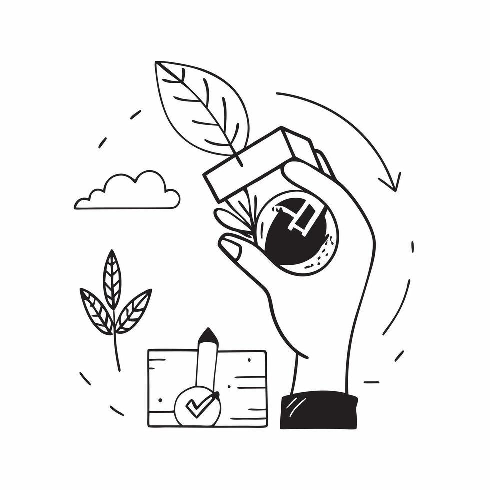 Hand holding a cut leaf in front of a recycling plant concept as A hand holding a cut leaf in front of a recycling plant emphasizing corporate social responsibility in waste manage Cleans vector
