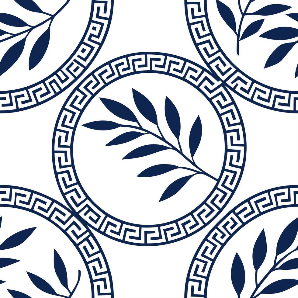 Greek meander patterns and olive branches seamless tile pattern with classic blue and white tones concept as Classic blue and white tones highlight Greek meander patterns intertwin Cleans vector