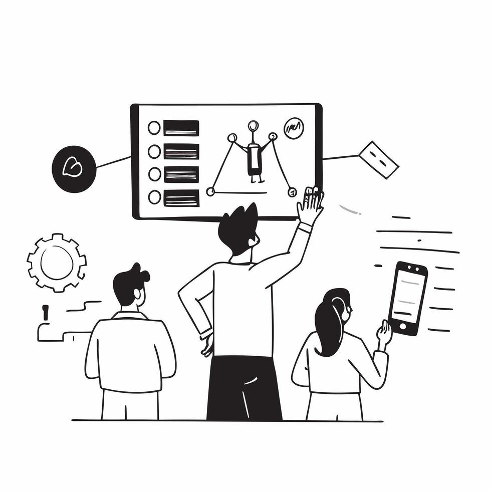 Gym Teacher with Digital Training Equipment and Students in High Tech Gym concept as Long shot of a gym teacher using digital training equipment and teaching students in a high tec Cleans vector