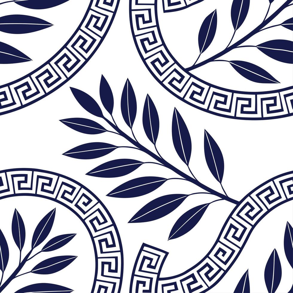 Greek key patterns and olive branches seamless tile design with classic white and blue tones concept as Classic white and blue tones highlight Greek key patterns intertwined with o Cleans Set 2 vector