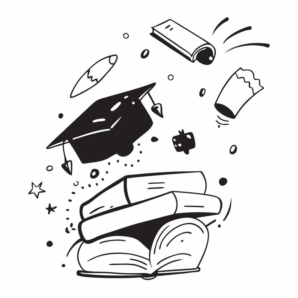 Graduation Cap with Books and Science Experiment concept as A graduation cap with books and a science experiment set against a whimsical background offering ample space for text or Cleans vector