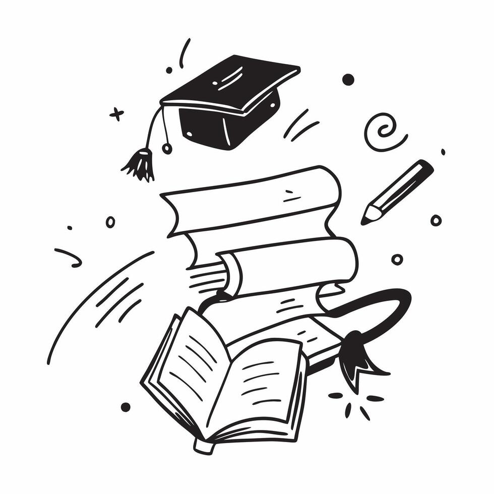 Graduation Cap with Books and Scissors concept as A graduation cap with books and scissors set against a whimsical background offering ample space for text or graphics symbolizing Cleans vector