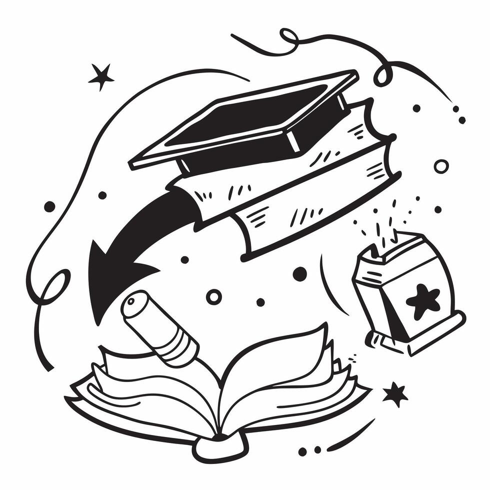 Graduation Cap with Books and Bell concept as A graduation cap with books and a school bell set against a whimsical background offering ample space for text or graphics symbolizing Cleans vector