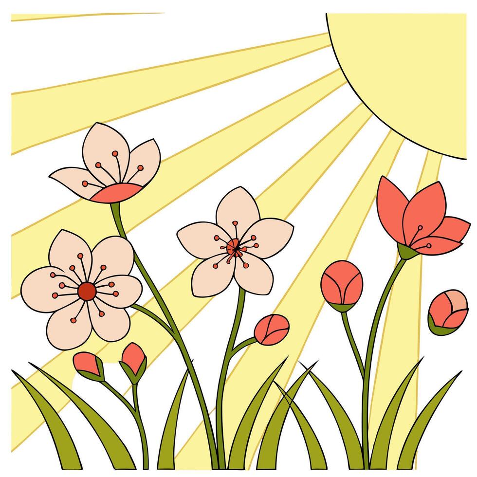 Fresh spring sunshine seamless pattern with vibrant light rays and blooming flowers for energizing spring visuals concept as Energizing spring sunshine pattern with vibrant rays an Cleans Set 2 vector