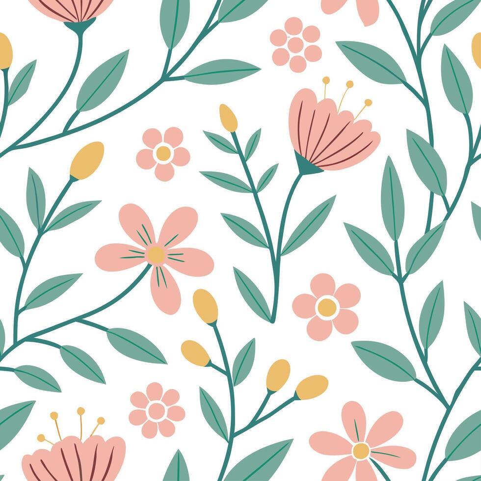 Fresh spring floral seamless pattern with lively blooms and soft white balance for cheerful spring projects concept as Lively floral pattern with blooming flowers and soft white ba Cleans vector