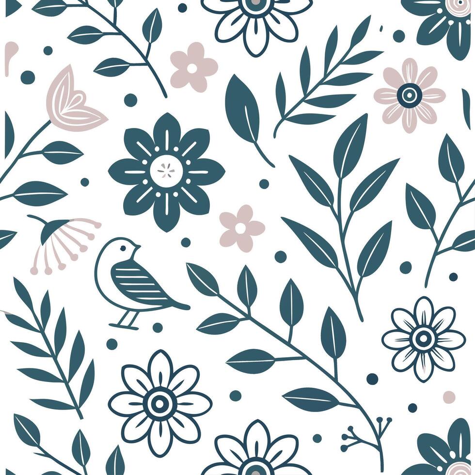 Folk art seamless pattern with floral and animal elements for a whimsical nature inspired design concept as Whimsical folk art pattern with floral and animal elements perfect for a Cleans vector