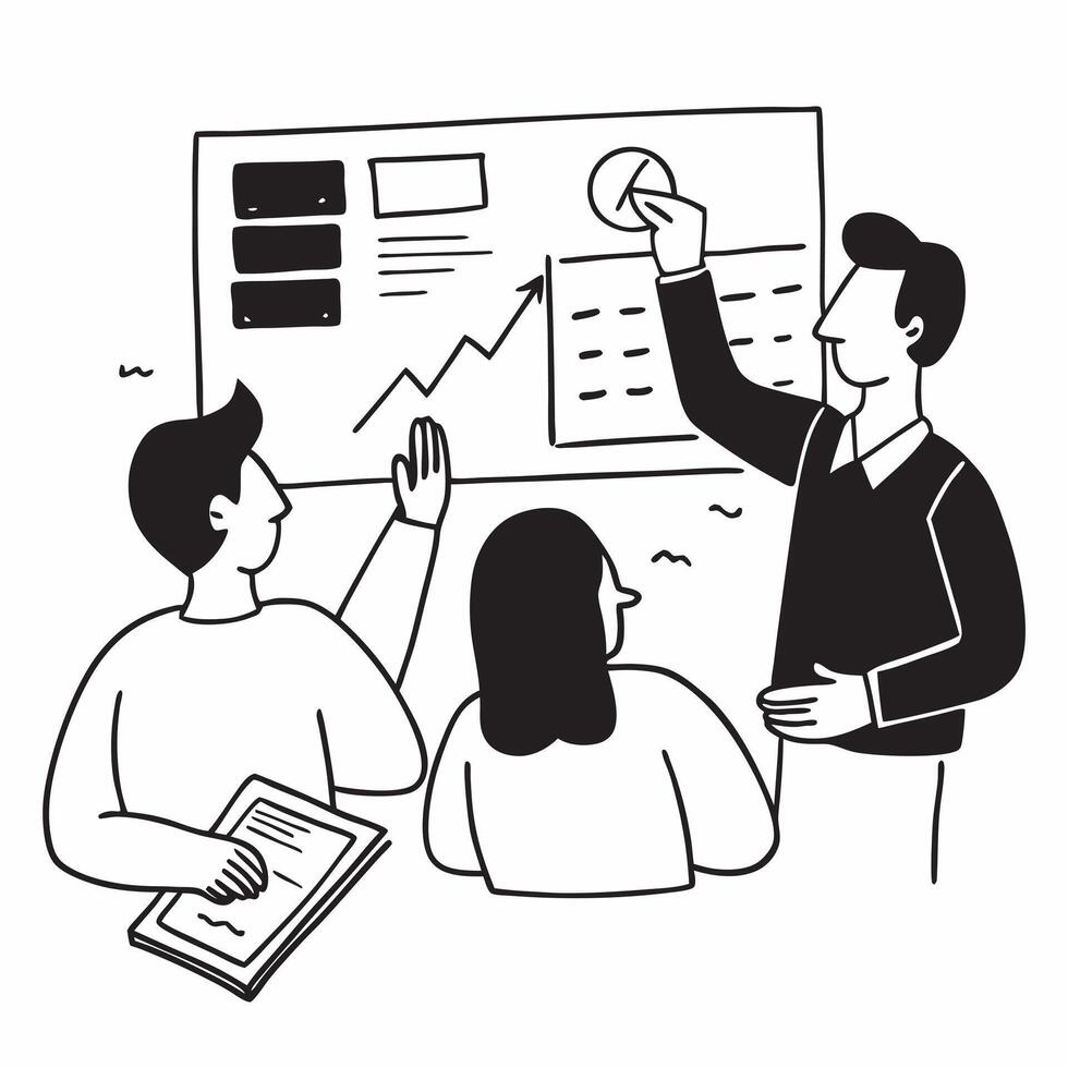 Flat design as Team members discussing market trends in a business meeting concept as A illustration of team members discussing market trends in a business meeting using a 3 Cleans vector