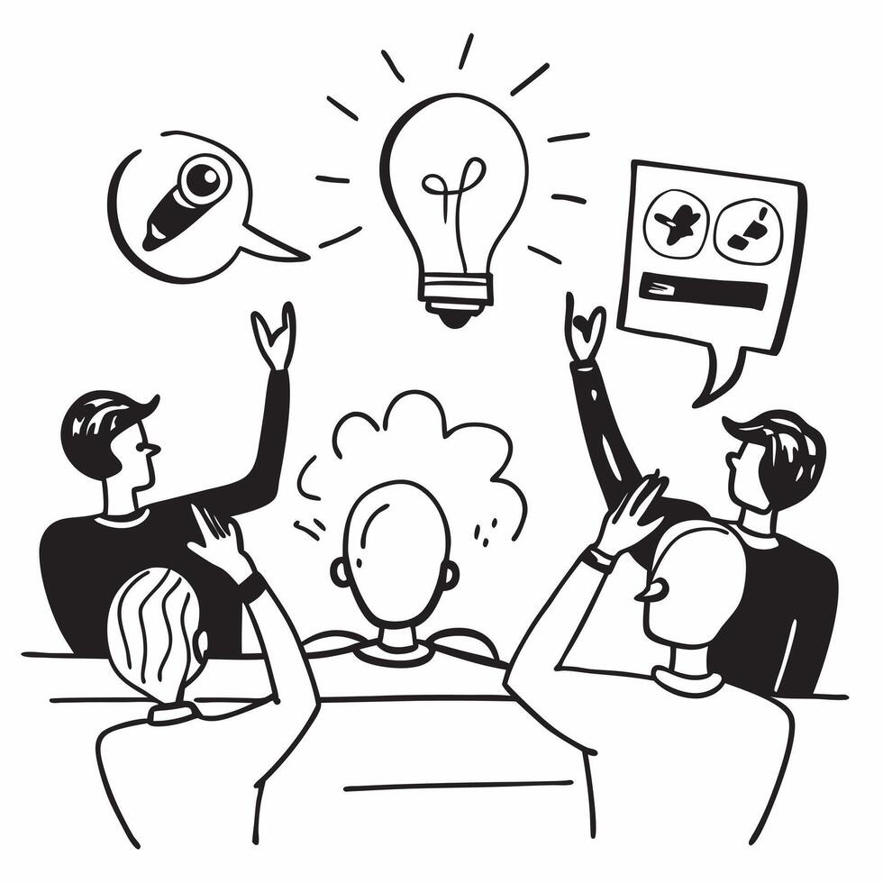 Flat design as Team brainstorming ideas in a creative meeting room concept as A illustration of a team brainstorming ideas in a creative meeting room using a 3 color scheme Cleans vector