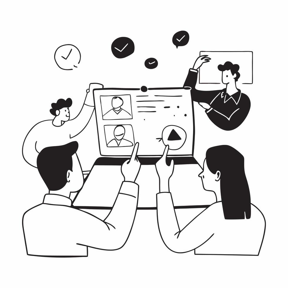 Flat design as Sales team collaborating in a virtual meeting concept as A illustration of a sales team collaborating in a virtual meeting using conferencing tools with Cleans Set 2 vector