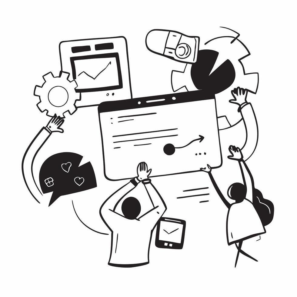 Flat design as Product team collaborating on new features concept as A illustration of a product team collaborating on new features using laptops and digital tools with an 8 Cleans vector