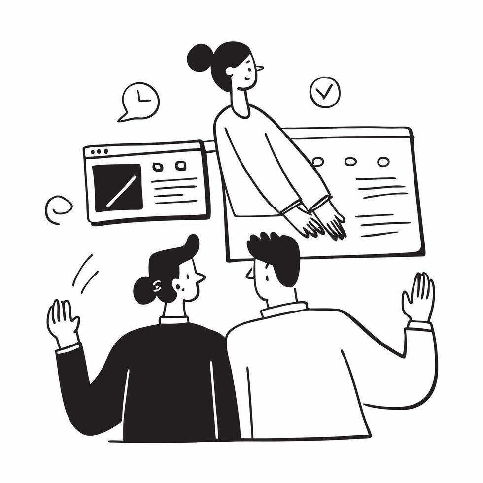 Flat design as Project manager leading a hybrid meeting concept as A illustration of a project manager leading a hybrid meeting with both onsite and remote participants usin Cleans Set 2 vector