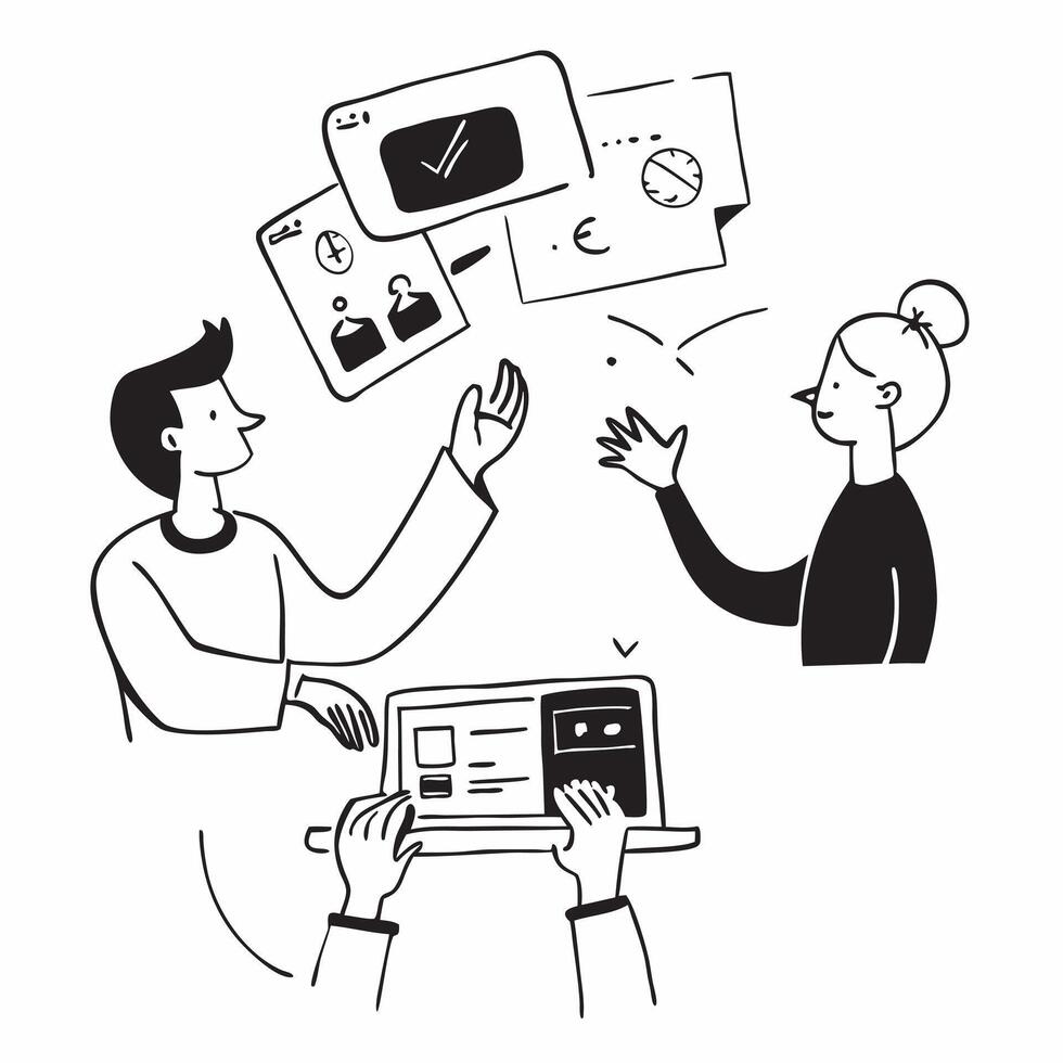 Flat design as Marketing consultant collaborating with clients concept as A illustration of a marketing consultant collaborating with clients using laptops and digital tools Cleans vector