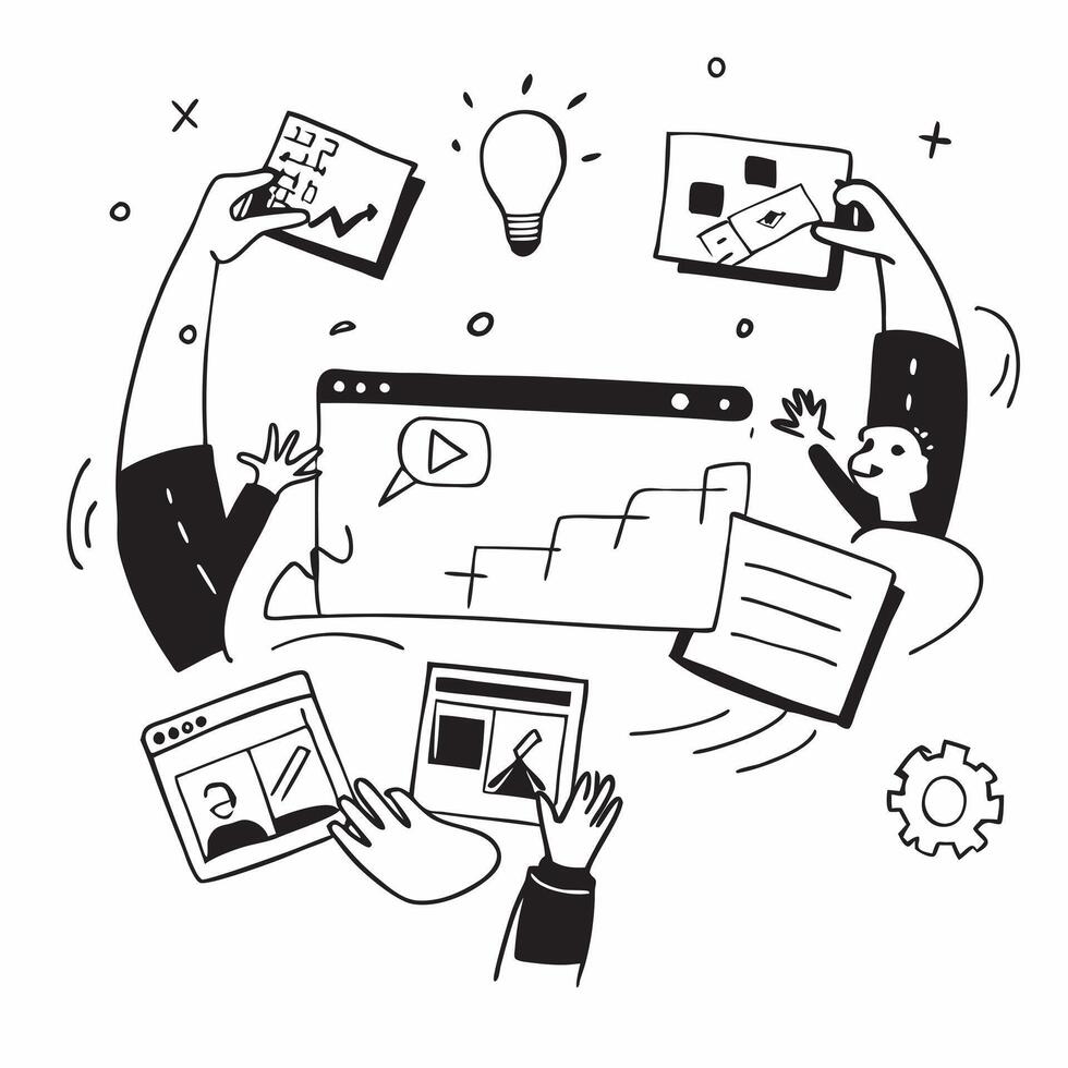 Flat design as Marketing team brainstorming in a creative workspace concept as A illustration of a marketing team brainstorming in a creative workspace using laptops and tab Cleans Set 2 vector
