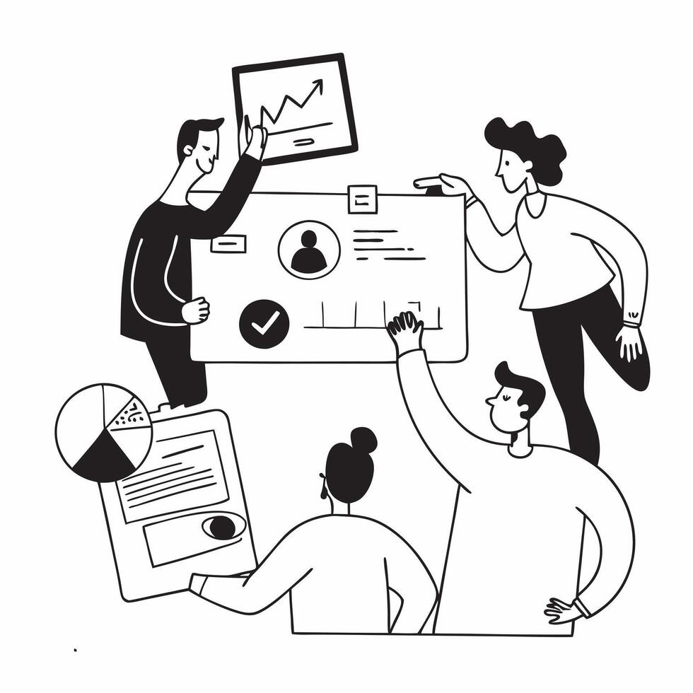 Flat design as HR team collaborating on employee engagement strategies concept as A illustration of an HR team collaborating on employee engagement strategies using charts a Cleans Set 3 vector
