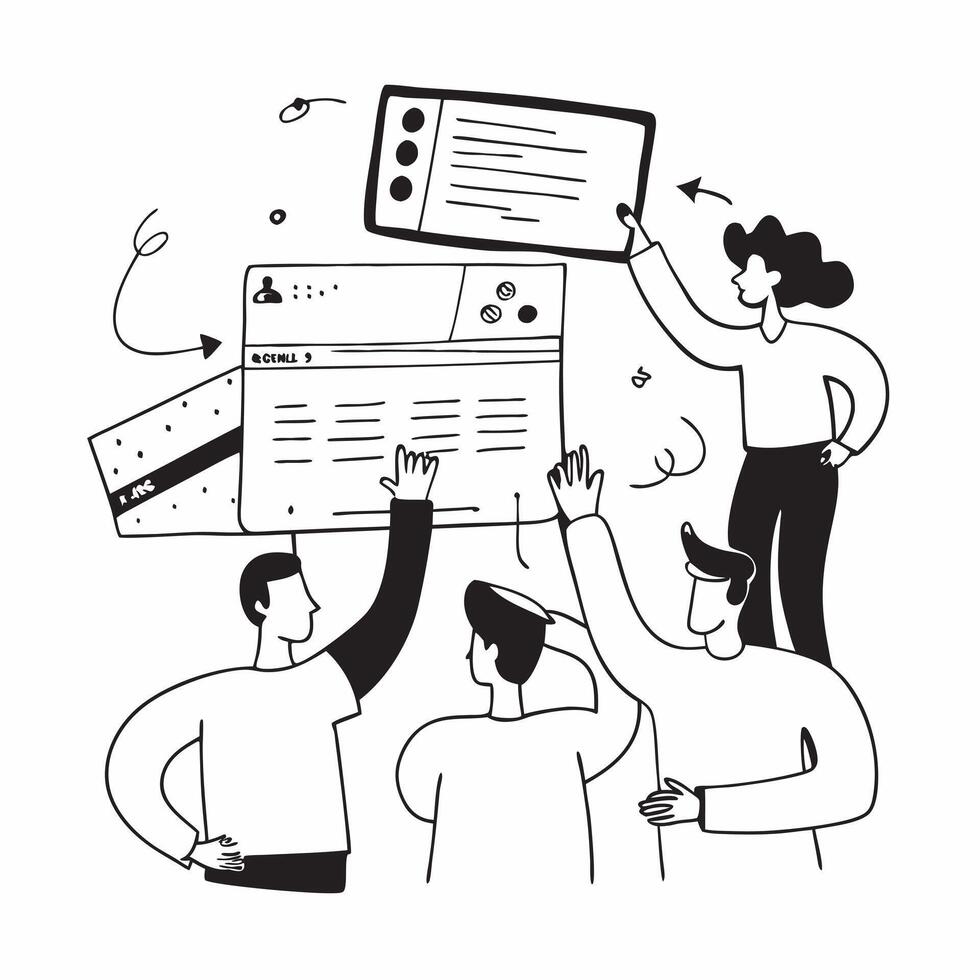 Flat design as Design team collaborating on a new product concept as A illustration of a design team collaborating on a new product using digital tools and creative software Cleans vector