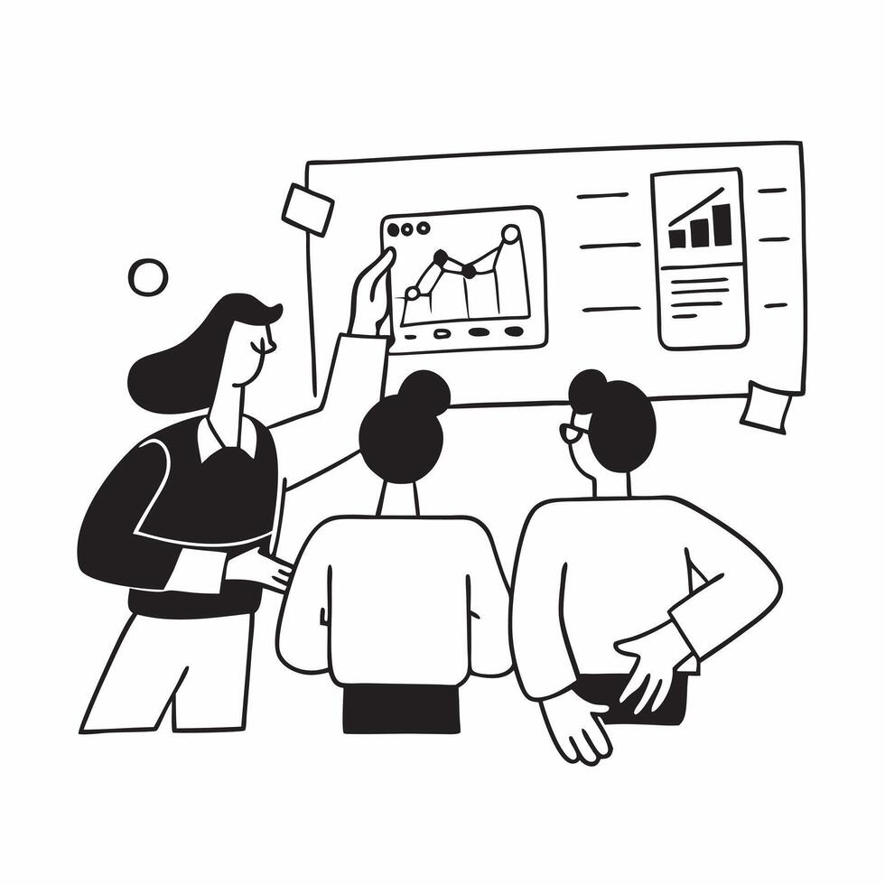 Flat design as Business team analyzing data in a meeting room concept as A illustration of a business team analyzing data in a meeting room using a 3 color scheme to highlig Cleans vector