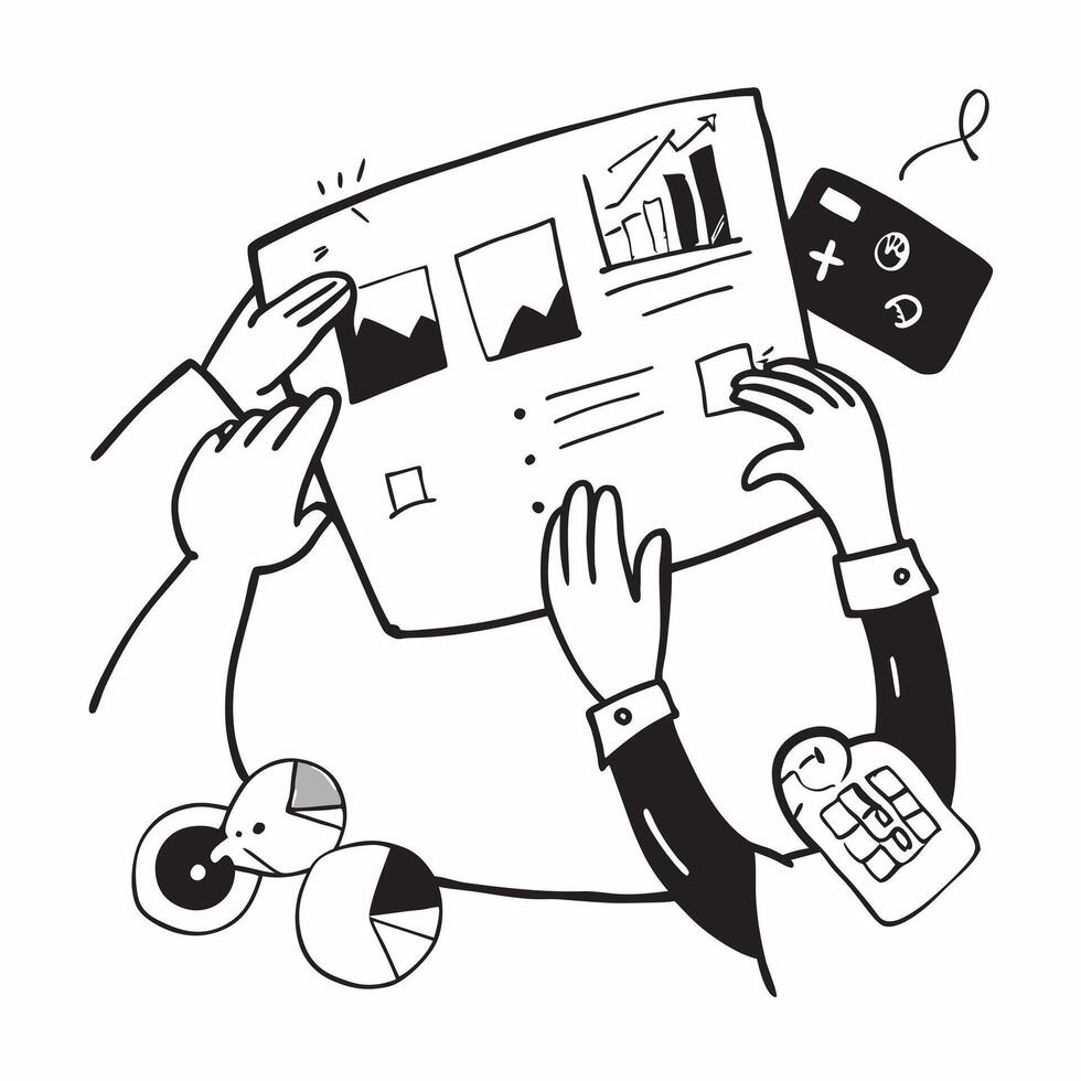 Financial team collaborating on budget planning concept as A illustration of a financial team collaborating on budget planning using charts and digital tools with an 8 color Cleans vector