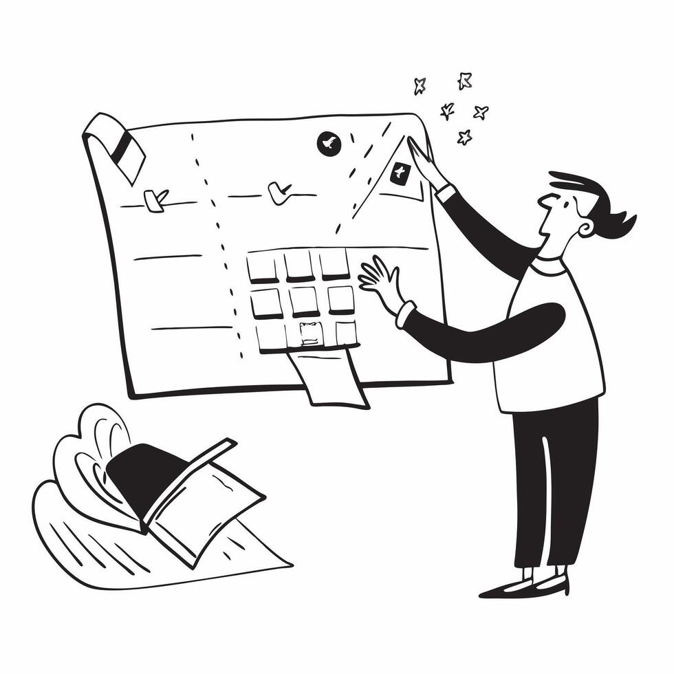 Event Planner with Calendar and Invitation concept as An event planner reviewing a calendar and holding an invitation set against a whimsical background offering ample space for te Cleans vector