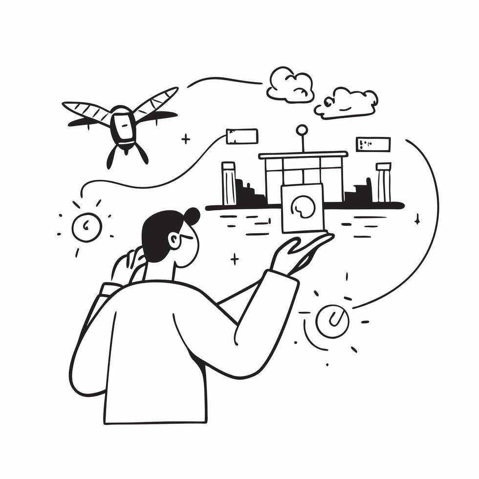Environmental Engineer with Drone and Air Quality Monitoring in Industrial Area concept as Long shot of an environmental engineer using a drone to monitor air quality in an industr Cleans vector