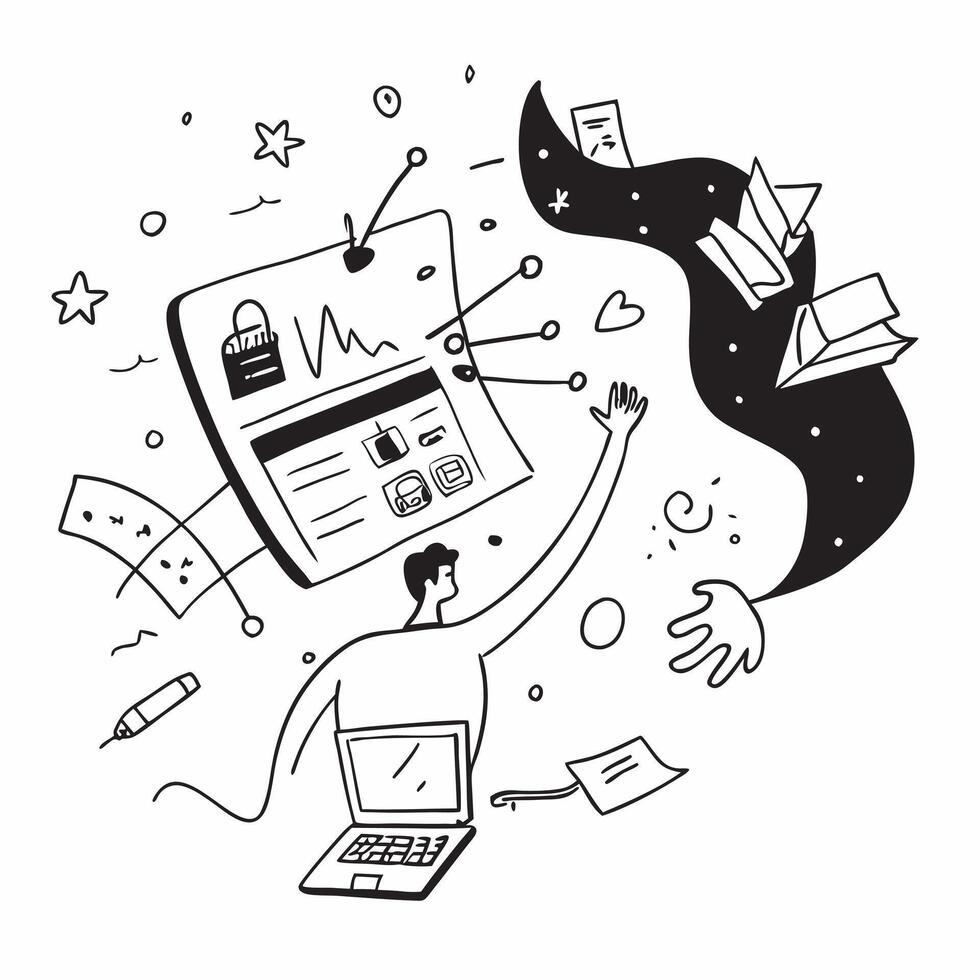 Entrepreneur with Vision Board and Laptop concept as An entrepreneur using a vision board and a laptop set against a whimsical background offering ample space for text or graphics Cleans vector