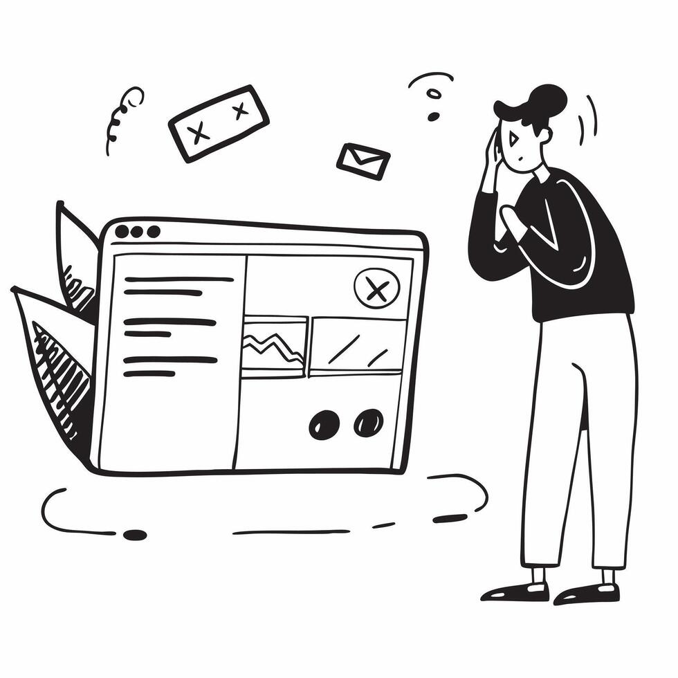 Entrepreneur looking at a failed e commerce platform appearing dejected concept as An entrepreneur in casual attire looking at a failed e commerce platform on his laptop appearing Cleans vector