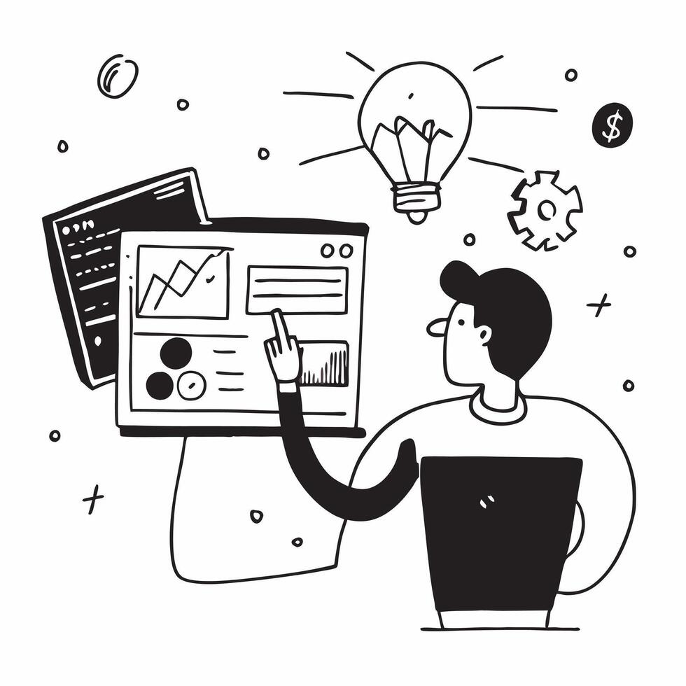 Entrepreneur using financial software to evaluate startup valuations concept as An entrepreneur in a startup office using financial software on a laptop to evaluate startup valuati Cleans vector