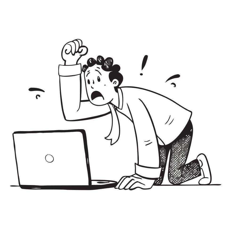 Entrepreneur looking at a failed tech pitch appearing dejected concept as An entrepreneur in casual attire looking at a failed tech pitch on his laptop appearing dejected and stres Cleans vector