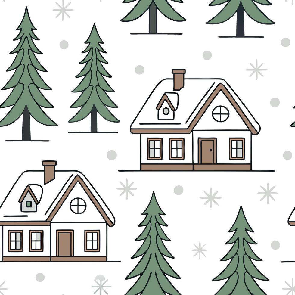 Elegant snow covered cottages and pine trees seamless tile pattern with winter charm concept as Snow covered cottages and pine trees create elegant seamless tile pattern with winte Cleans vector