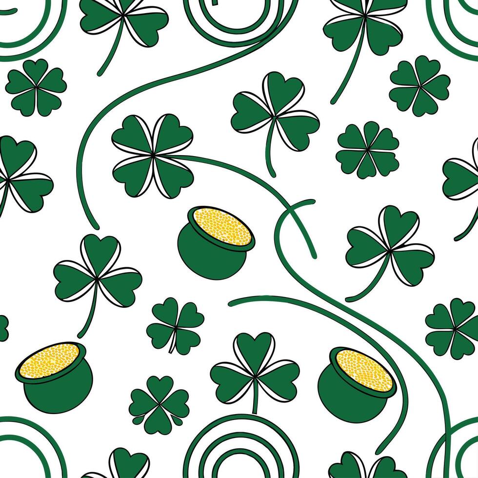 Elegant Irish clovers and pots of gold seamless tile pattern with rich green and gold accents concept as Rich green and gold accents highlight elegant Irish clovers intertwined wit Cleans vector