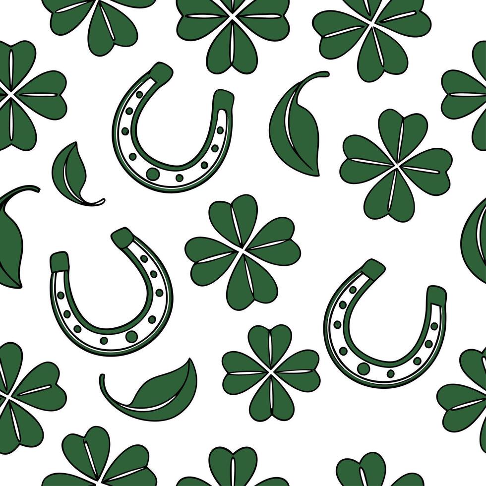 Elegant four leaf clovers and horseshoes seamless tile pattern with rich green hues concept as Rich green hues highlight elegant four leaf clovers and horseshoes in seamless tile p Cleans vector